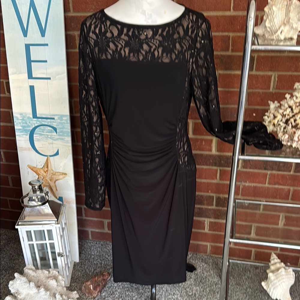 Lauren Ralph Lauren Ruched Black Sequin & Lace Overlay Pullover Cocktail… - Picture 2 of 10